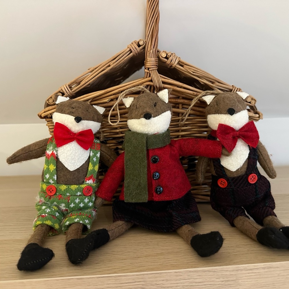 Festive Fox Plush Trio with Red and Green Accents